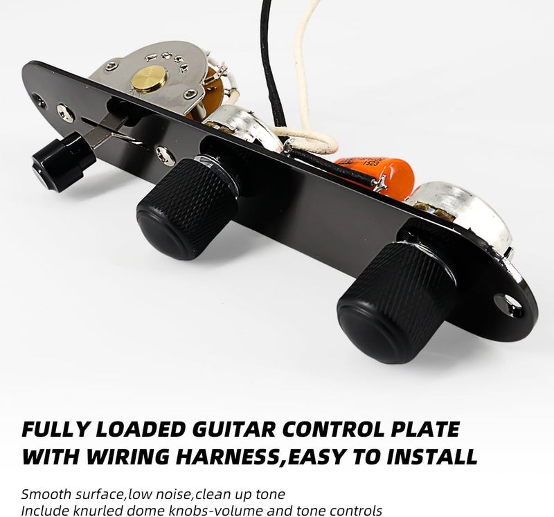 Domofa Fully Loaded Guitar Control Plate Prewired 3-Way Switch 250K Large Potentiometers Knurled Volume Tone Controls Knobs for Tele/Telecaster Electric Guitar Parts Replacement (Black) - Image 2